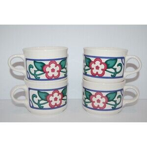 Set of 4 PFALTZGRAFF ARBOR VINE Coffee Tea Mugs Cups Red Green Blue Floral 2.75"